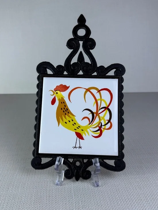 Vintage Cherry Japan Cast Iron Trivet – Rooster Ceramic Tile | Wall Hanging - Picture 5 of 9